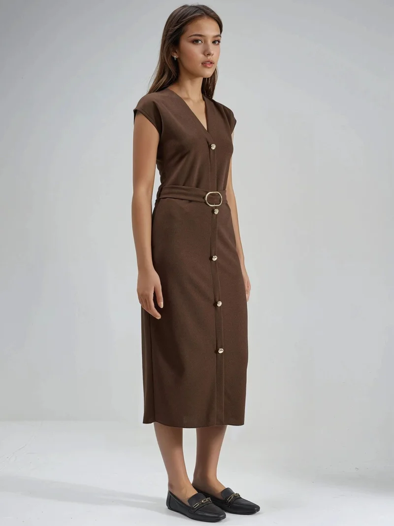 بوسيم BUSEM Belted V-Neck Midi Dress
